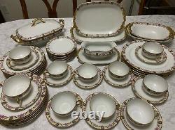 J POUYAT Limoges DINNERWARE SET 1920 Pink Rose Yellow Lattice 50pc Antique Deco