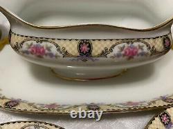 J POUYAT Limoges DINNERWARE SET 1920 Pink Rose Yellow Lattice 50pc Antique Deco