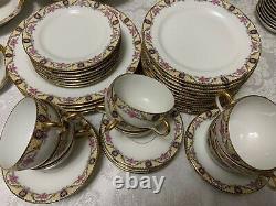 J POUYAT Limoges DINNERWARE SET 1920 Pink Rose Yellow Lattice 50pc Antique Deco