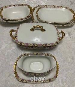 J POUYAT Limoges DINNERWARE SET 1920 Pink Rose Yellow Lattice 50pc Antique Deco