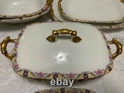 J POUYAT Limoges DINNERWARE SET 1920 Pink Rose Yellow Lattice 50pc Antique Deco