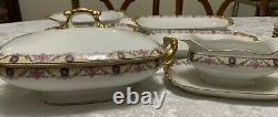 J POUYAT Limoges DINNERWARE SET 1920 Pink Rose Yellow Lattice 50pc Antique Deco