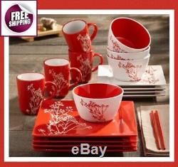 Japanese Style Set Dinnerware 16 Pcs Dishes Plate Mug Vintage Modern White Red