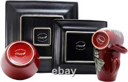 Juego de Platos Cuadrados Gres Rojo/Flor Comedor Hogar Cocina Vajilla 16 Piezas