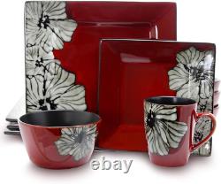 Juego de Platos Cuadrados Gres Rojo/Flor Comedor Hogar Cocina Vajilla 16 Piezas