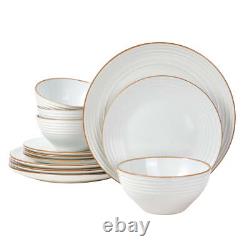 Jupiter 12 Piece Stoneware Dinnerware Set, Plates and Bowls Set for 4, White