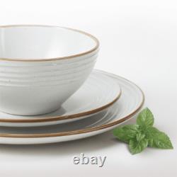 Jupiter 12 Piece Stoneware Dinnerware Set, Plates and Bowls Set for 4, White