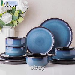 LERATIO Ceramic Dinnerware Sets of 4, Porcelain Plates and Bowls Sets with Wavy E