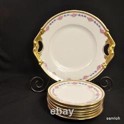 Limoges Bernardaud B&Co Cake Plate with6 Dessert Plates Pink Rose Gold 1914-1930's