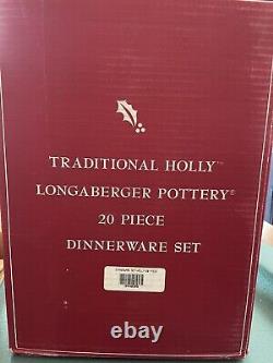 Longaberger Pottery 20 Piece Dinnerware Set Traditional Holly Christmas Pattern