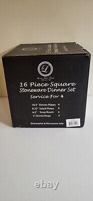 Lorren Home Trends 16 Piece Square Stoneware Dinner Set, Service for 4, White