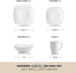 Luna Plates and Bowls Sets, 16 Piece Modern Porcelain Dish Set for 4, Chip an