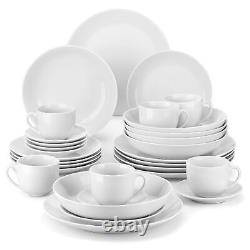 MALACASA Amelia, 30-Piece Porcelain Dinnerware Set White Plates Cups and Saucers