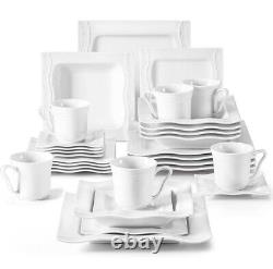 MALACASA Ivory White Dinnerware Sets 30 Piece Square Plates and Bowls Sets fo