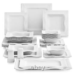 MALACASA Mario Square Dinnerware Sets 28 Piece White Porcelain Plates and Bowls