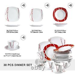 MALACASA, Series Felisa, 30-Piece Porcelain Dinner Set, Red Stripes Ivory White