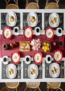 MALACASA, Series Felisa, 30-Piece Porcelain Dinner Set, Red Stripes Ivory White