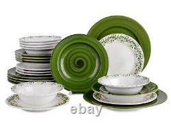 MEADOW Porcelain Dinnerware Set 24pc for 6 pers Dinner Plates Set, Green/White