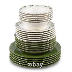 MEADOW Porcelain Dinnerware Set 24pc for 6 pers Dinner Plates Set, Green/White