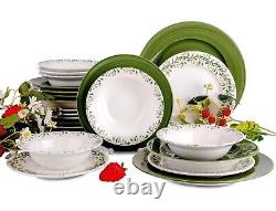 MEADOW Porcelain Dinnerware Set 24pc for 6 pers Dinner Plates Set, Green/White