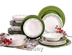 MEADOW Porcelain Dinnerware Set 24pc for 6 pers Dinner Plates Set, Green/White