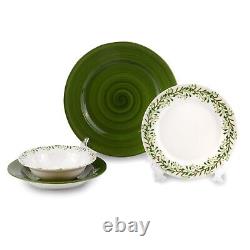 MEADOW Porcelain Dinnerware Set 24pc for 6 pers Dinner Plates Set, Green/White