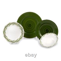 MEADOW Porcelain Dinnerware Set 24pc for 6 pers Dinner Plates Set, Green/White