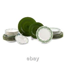 MEADOW Porcelain Dinnerware Set 24pc for 6 pers Dinner Plates Set, Green/White