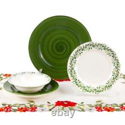 MEADOW Porcelain Dinnerware Set 24pc for 6 pers Dinner Plates Set, Green/White