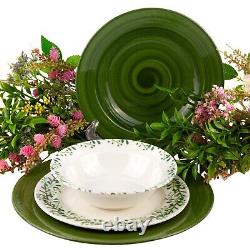 MEADOW Porcelain Dinnerware Set 24pc for 6 pers Dinner Plates Set, Green/White