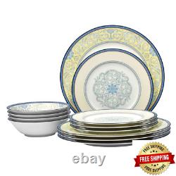 Menorca Palace Blue/Yellow White Bone China 12-Piece Dinnerware Set Service for