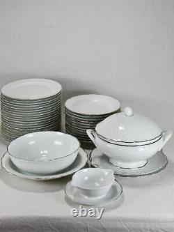 Mid century Limoges dinnerware set white lattice pattern with silver edge