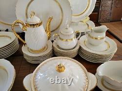 Mikasa Dinnerware Set For 8 Coronation Shape Scallop Gold Band White 69pc Plates