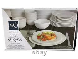 Mikasa Nellie White Bone China 40 Piece Dinnerware Service for 8 Dinner Plate Se