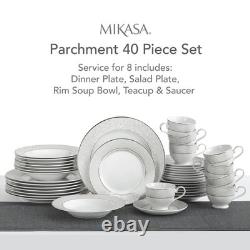 Mikasa Parchment 40 Piece Dinnerware Set Gray Border Platinum Accents