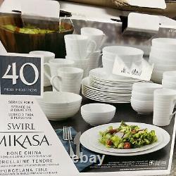 Mikasa Swirl 40-piece Bone China Dinnerware Set Plates Bowls Cups Mugs White