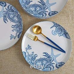 Minh Long I 6 Pieces Premium Porcelain Ocean Pattern Print Plates Set, Round Pla