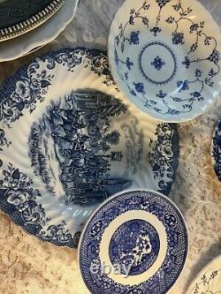 Mismatched Vintage China Transferware 6 settings Dinnerware Blue and White # 1