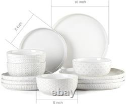 Modern Dish Set Elegant Dinner Plates Bowls Microwave Dishwasher Safe 12pc White