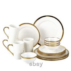 Modern Poreclain 16 Piece White and Gold Dinnerware Set, Plates and Bowls Set