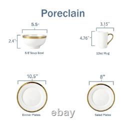 Modern Poreclain 16 Piece White and Gold Dinnerware Set, Plates and Bowls Set