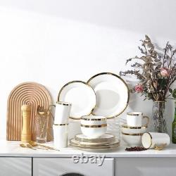 Modern Poreclain 16 Piece White and Gold Dinnerware Set, Plates and Bowls Set