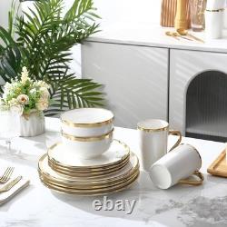 Modern Poreclain 16 Piece White and Gold Dinnerware Set, Plates and Bowls Set