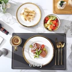 Modern Poreclain 16 Piece White and Gold Dinnerware Set, Plates and Bowls Set