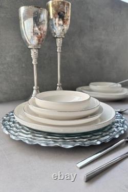 Modern Silver Platinum 24-Piece Porcelain Dinnerware Set 6 Person Cream White