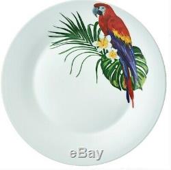 Modern Tropical 24 Piece Porcelain Dinnerware Set Parrot White Round 8 Place Hom