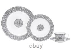 Mosaic H Design Bone China Dinner Set in Silver, Service for 4 person