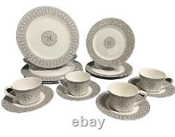 Mosaic H Design Bone China Dinner Set in Silver, Service for 4 person