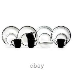 NEW 16-pc Corelle BLACK WHTE DINNERWARE SET Circles Dots Lace Keyhole