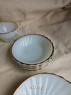 NIB GOLDEN SHELL DINNERWARE. Anchor Hocking White Gold Rim Swirl Pattern. 15 PC